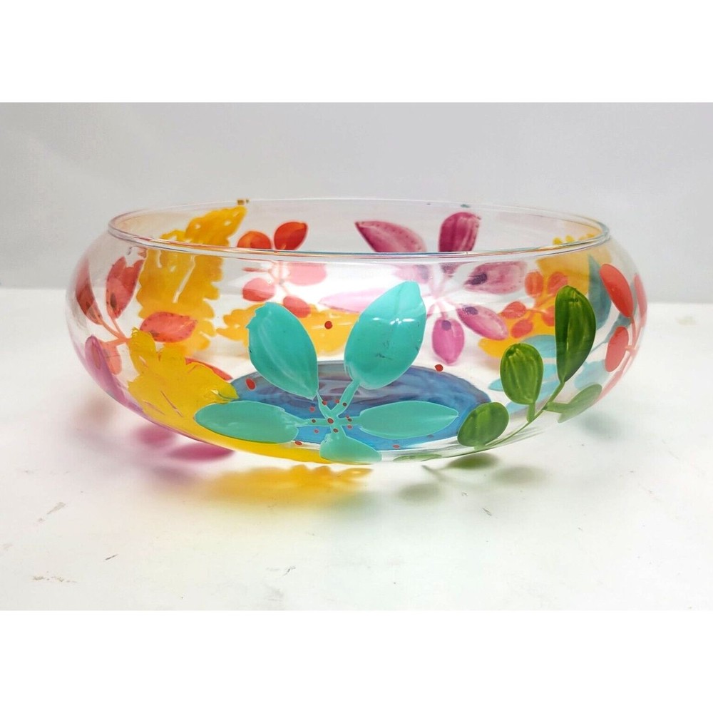 European Hand Painted Floral Glass Fruit Bowl Centerpiece Bowl Flowers France